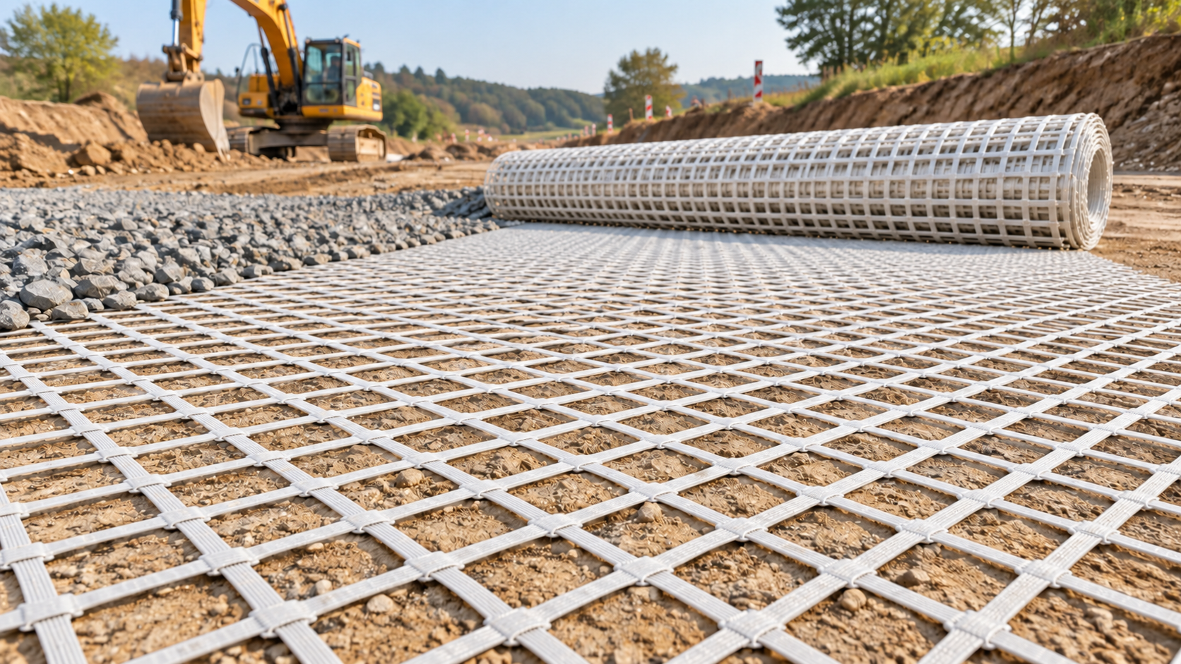 Installed geogrid being filled on a construction site