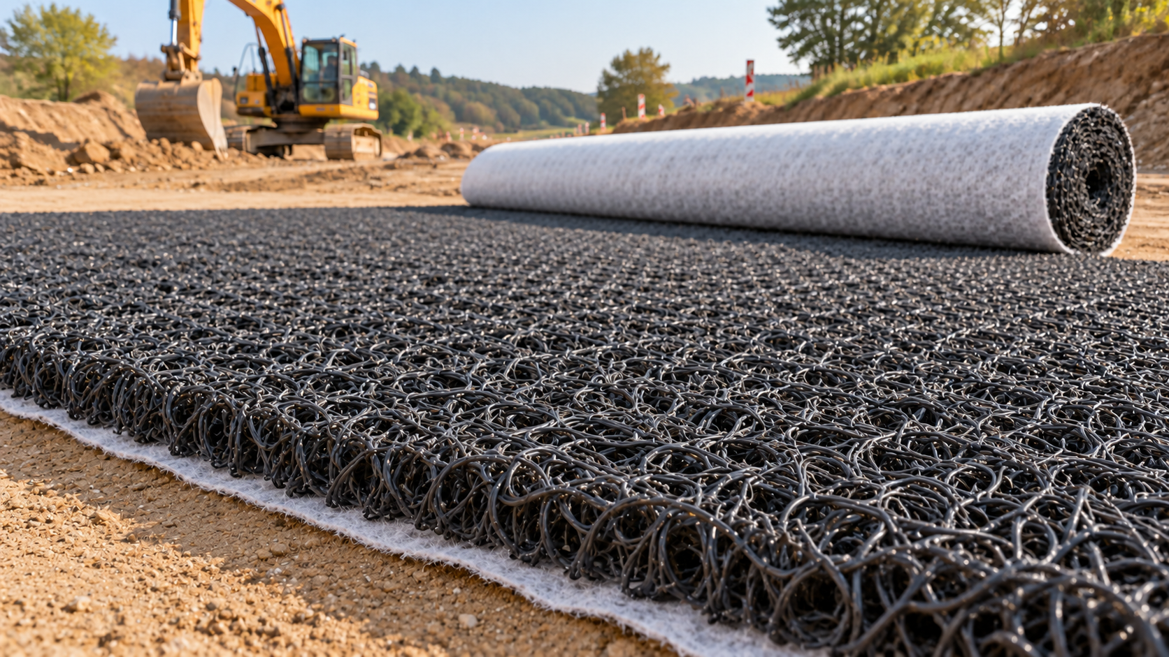 Installed drainage mat for planar water drainage on a construction site